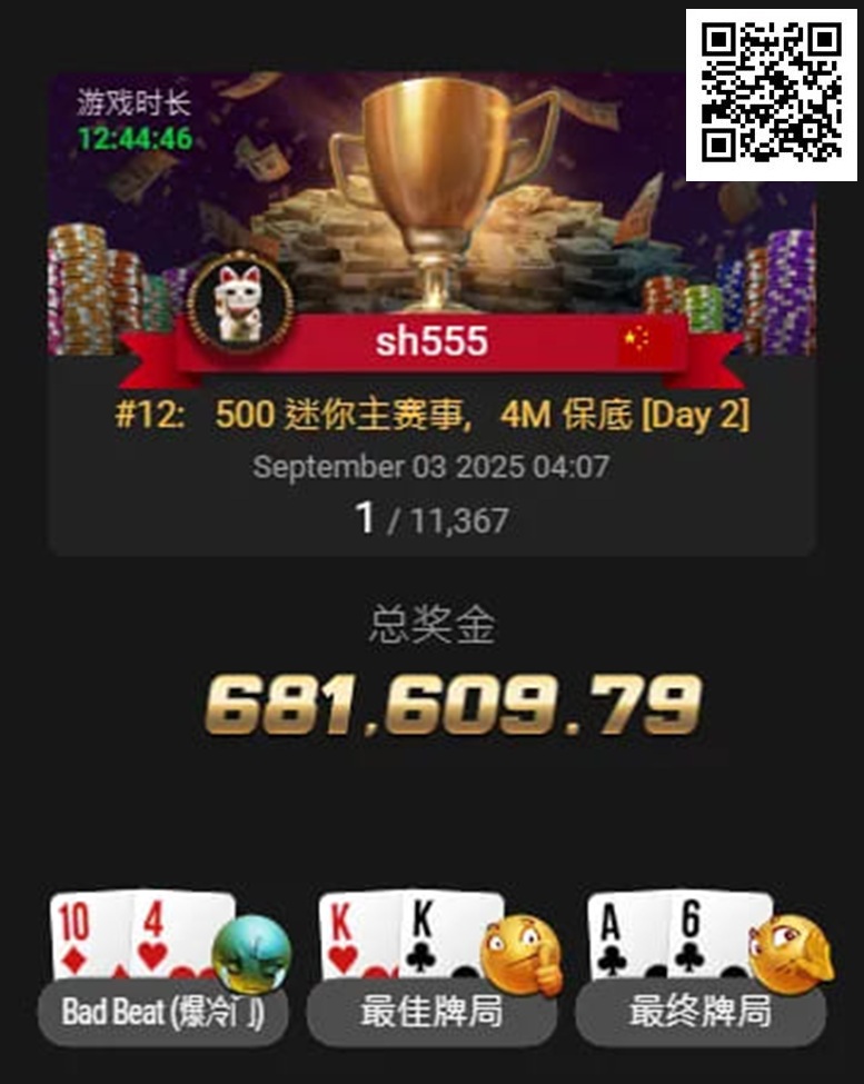 【DD扑克】国人首条金手链出炉！恭喜中国选手宋辉赢得线上WSOP迷你主赛冠军，奖励68W刀！