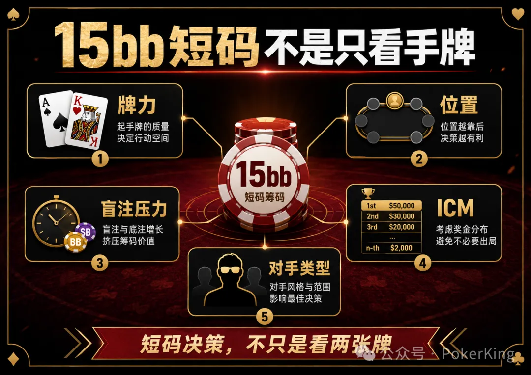 【DD扑克】决赛桌剩15bb拿到AK,推还是加注?短码决策不是看牌力,是看这五件事