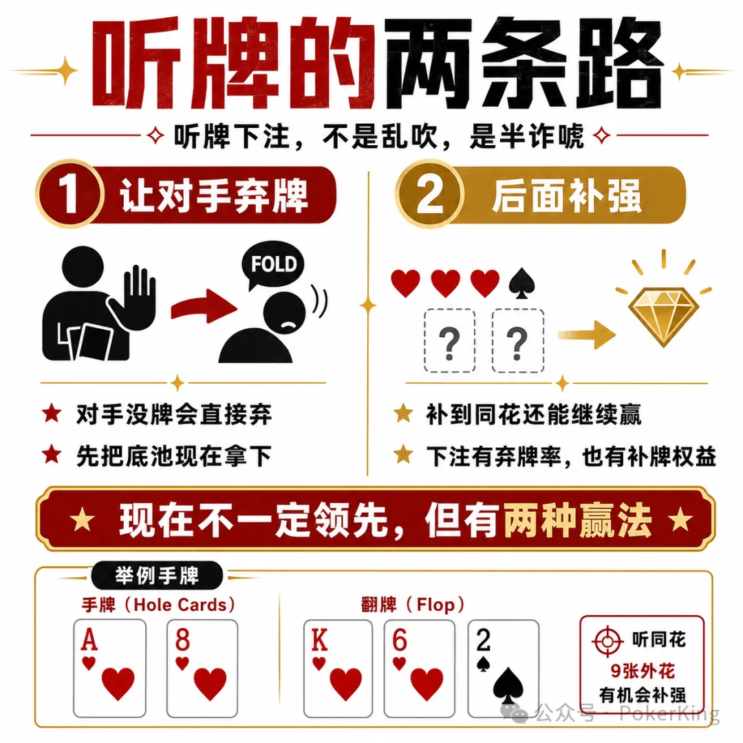 【DD扑克】听牌到底该不该下注？记住这八个字：单挑就打，人多就缩